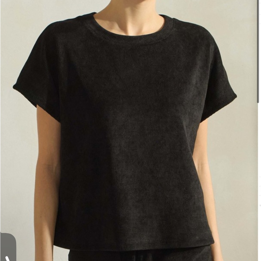 New Yelete Corduroy Crewneck Pullover Short Sleeve Top in Black Size Large